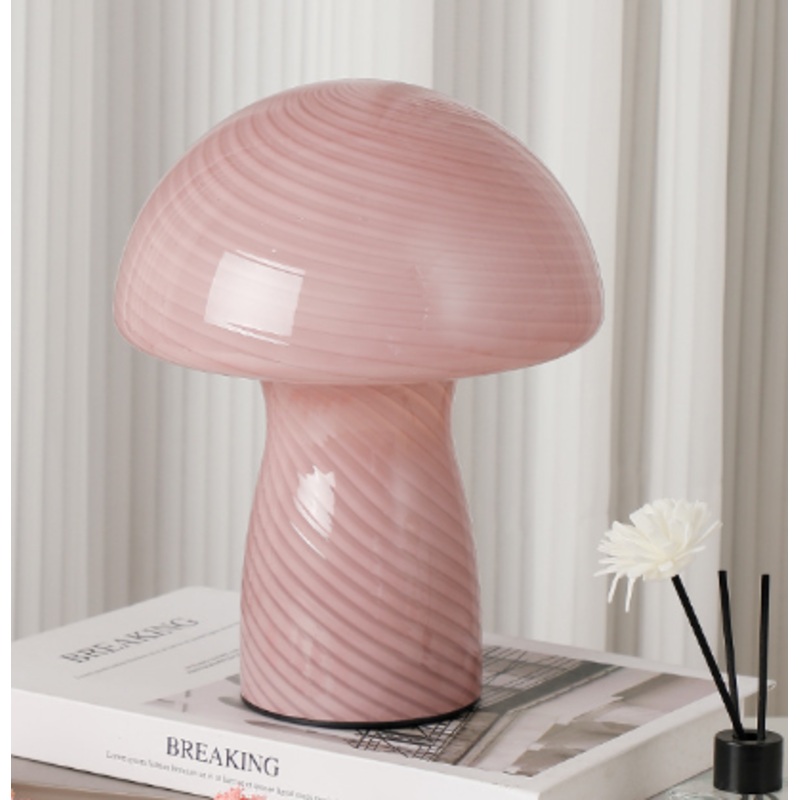 Stripe-Pure Leather Pink Retro Swirl Glass Mushroom Table Lamp – LED Bedside Night Light