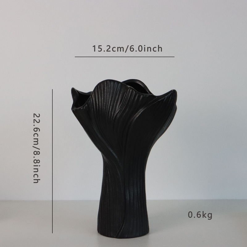 Black Elegant Off-White Ceramic Vase – Modern Sculptural Flower Holder with Wide Fluted Opening