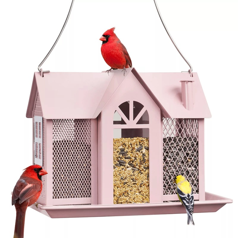Charming House-Shaped Hanging Bird Feeder – Durable Metal Design for Wild Birds(pink)