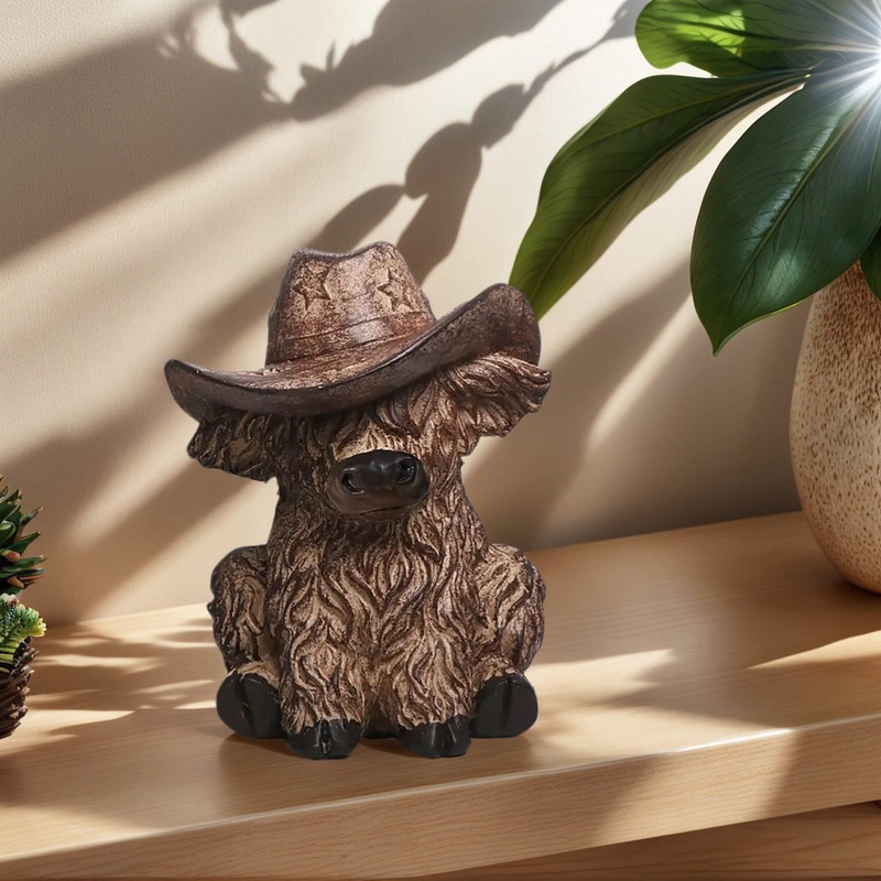 Rustic Highland Cow Statue with Cowboy Hat – Resin Farmhouse Decor