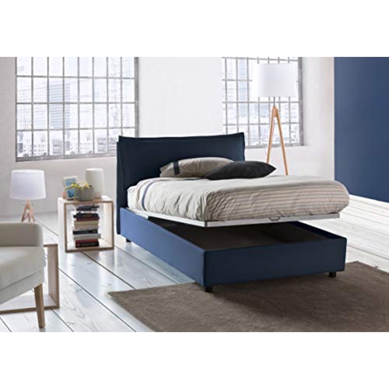 Talamo Italia Letto contenitore Una piazza e mezza Veronica, Made in Italy, Testata e rivestimento in tessuto, Apertura frontale, adatto per materasso cm 120×190, Blu