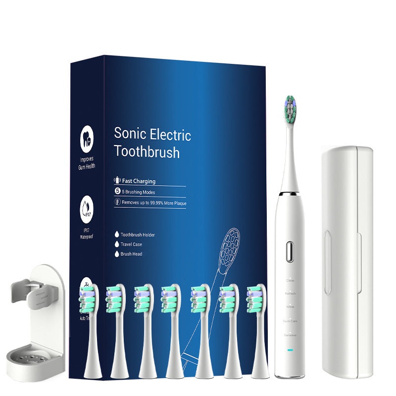 White Sonic Rechargeable Electric Toothbrush with 8 Heads & Travel Case – 5 Brushing Modes & Smart Timer(USB)