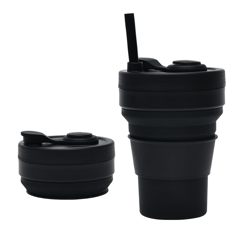 2 Pcs Black 350ml Collapsible Silicone Travel Cup – Portable, Leak-Proof & Food-Grade Drinking Mug with Lid, Insulating Sleeve & Straw