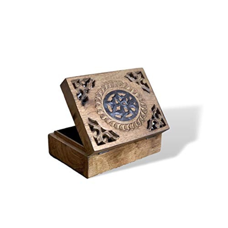 Carved pattern Distressed bruciato Legno Treasure Chest Trinket