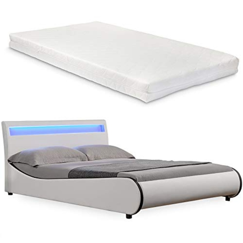 Corium Letto Imbottito LED ‘Valencia’ con Materasso (140x200cm)(Bianco) (Schiuma Fredda) – Similpelle-PU/Fodera Similpelle/Illuminazione – RGB/con Rete a doghe