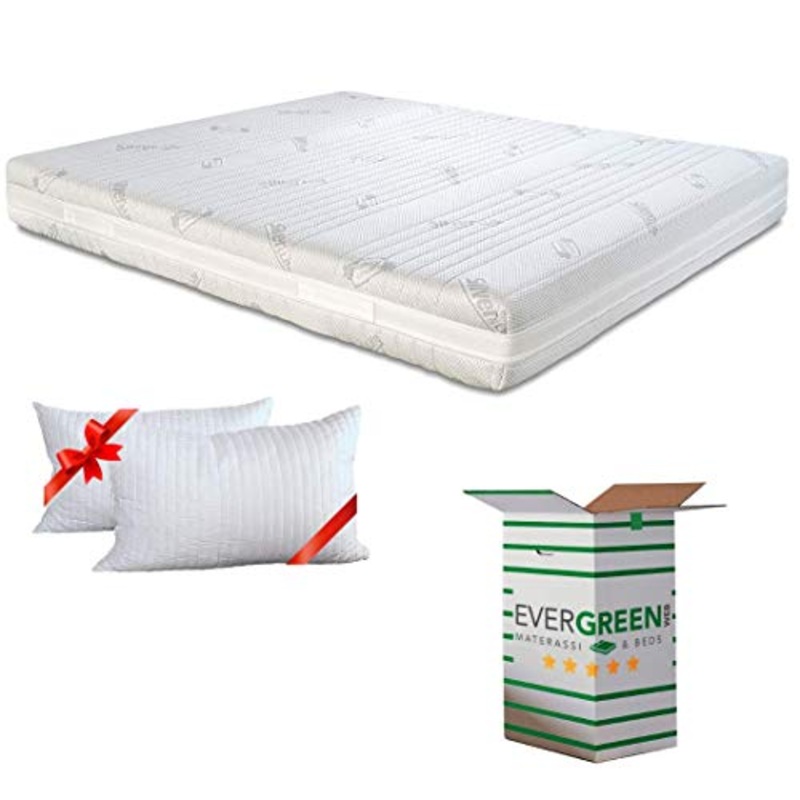 EVERGREENWEB – Materasso Matrimoniale 160×190 in Memory Foam Alto 20-30 cm con 2 Cuscini Cervicali GRATIS, Lastra Ortopedico MASSAGGIANTE, Rivestimento Antiacaro Imbottito SFODERABILE per Reti e Letti