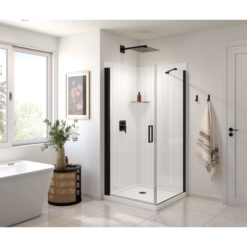 MAAX 135230-900-340-100 Manhattan Square 36 x 36 x 72 in. 6mm Pivot Shower Door for Corner Installation with Clear glass & Round Handle in Matte Black