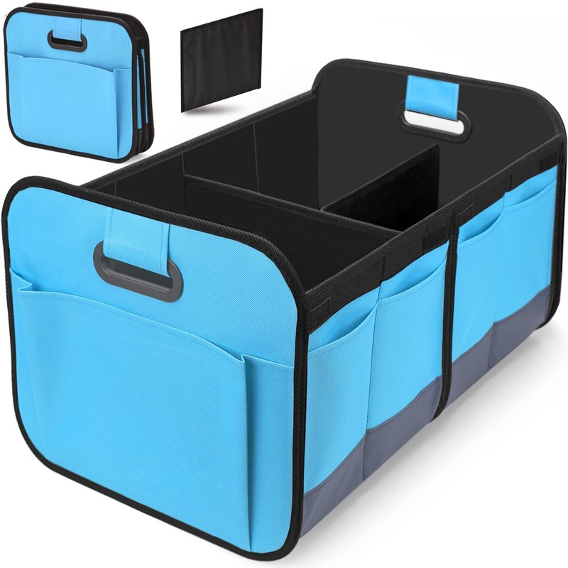 Blue and Black Heavy Duty Collapsible Car Boot Organiser – Large 65L Waterproof Trunk Storage Box with Compartments for SUV & Car