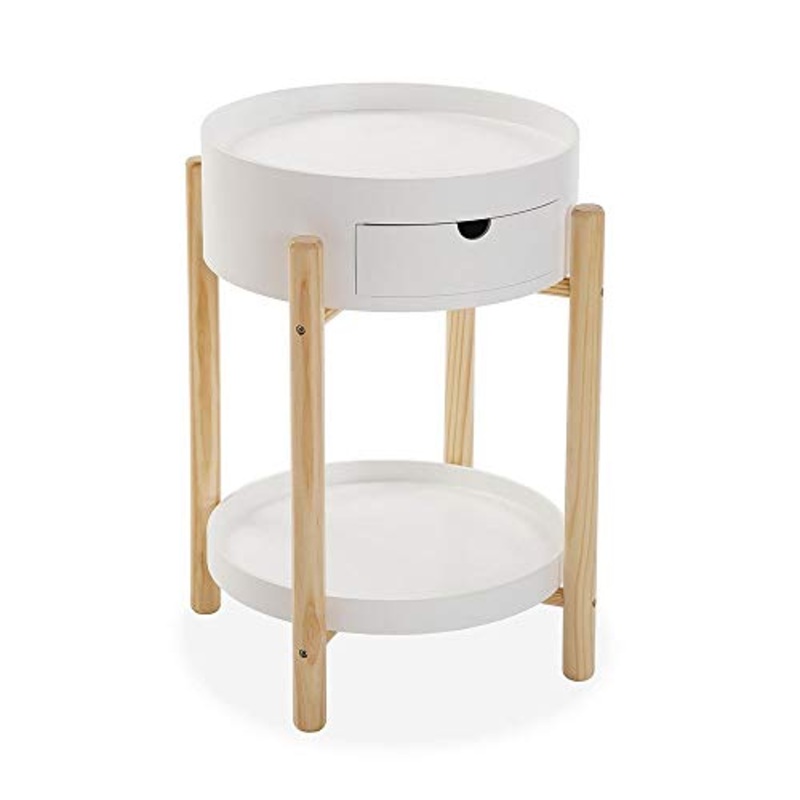 Tavolino Comodino con cassetto 2 Ripiani Moderno Legno Bianco per Camera da Letto casa Soggiorno