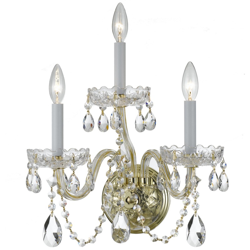 Crystorama 1033-PB-CL-SAQ Traditional Crystal Three Light Wall Sconce Polished Brass