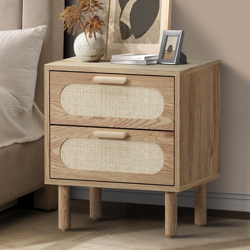 Oikiture Bedside Table 2 Drawers Rattan Natural