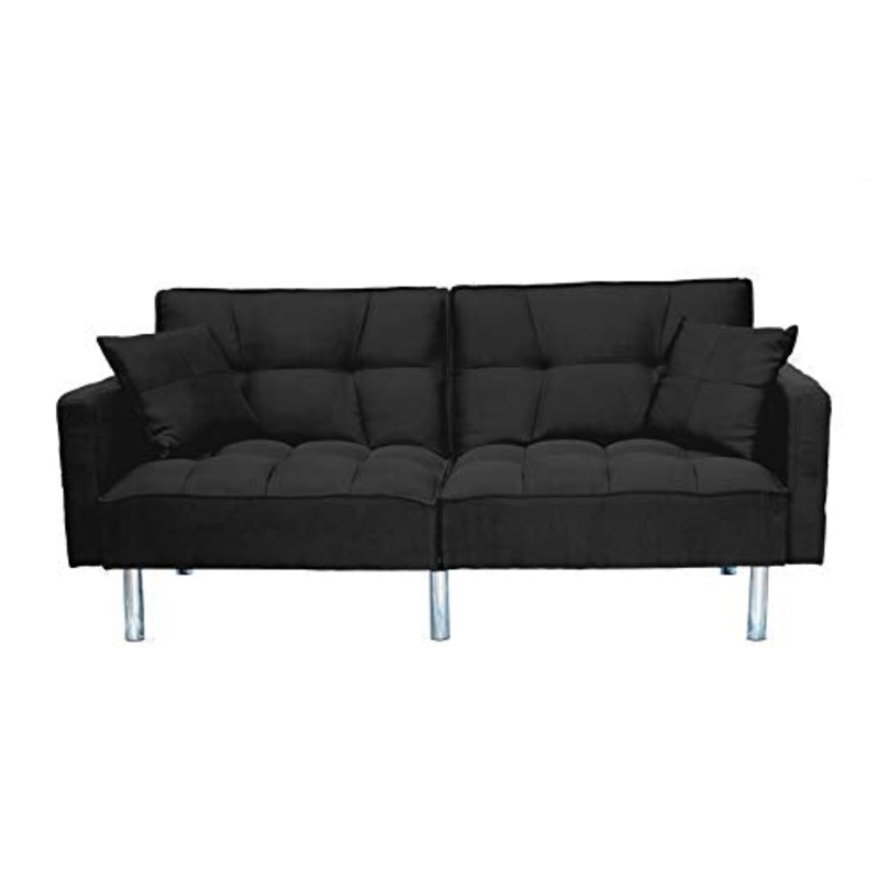 Sofa Divano Letto Nero RECLINABILE in Tessuto Nero 3 POSTI con 2 Cuscini 196 X 68 X 85 CM