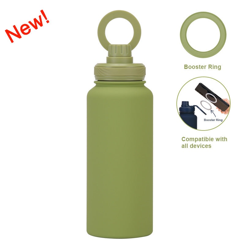Matcha Green 1L Stainless Steel Water Bottle with Magnetic Phone Holder Lid – Portable Hydration & Hands-Free Stand