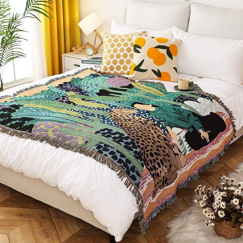 Buddhist Monastery INS-Style Illustrated Line Blanket – Multi-Use Design