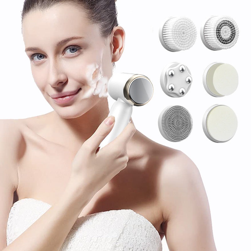White 6-in-1 Electric Facial Cleansing Brush Set – Rechargeable & Waterproof