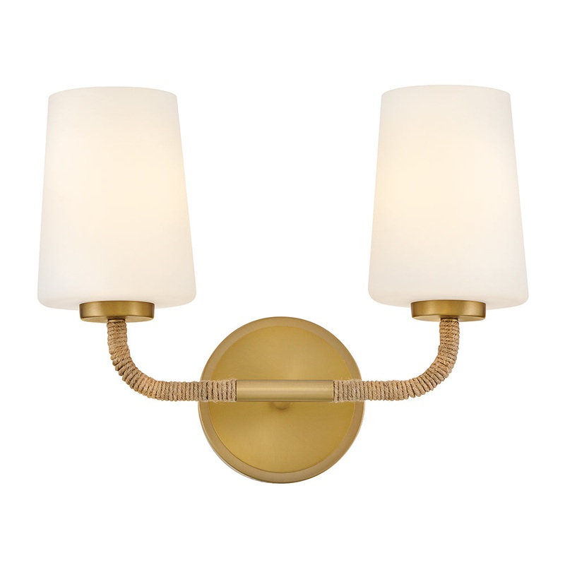 Kline Small Two Light Vanity Lacquered Brass and Natural with Etched Opal