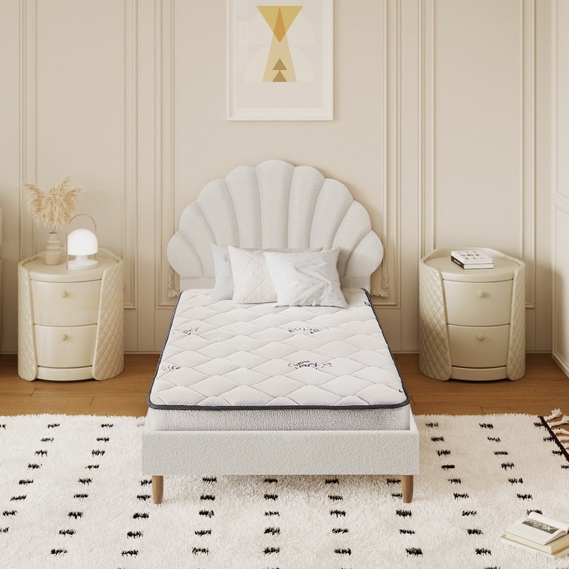 Oikiture Bed Frame with Mattress Single Size White Boucle