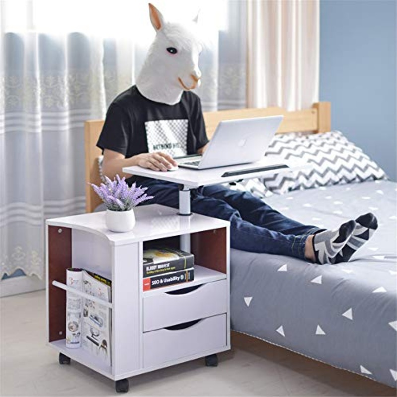 BTTNW Comodini Funzionale Tavolo Girevole Comodino con cassetti, Regolabile in Legno Comodino Ruote Comodino Organizer (Colore : Pure White, Size : 40x60x70cm)