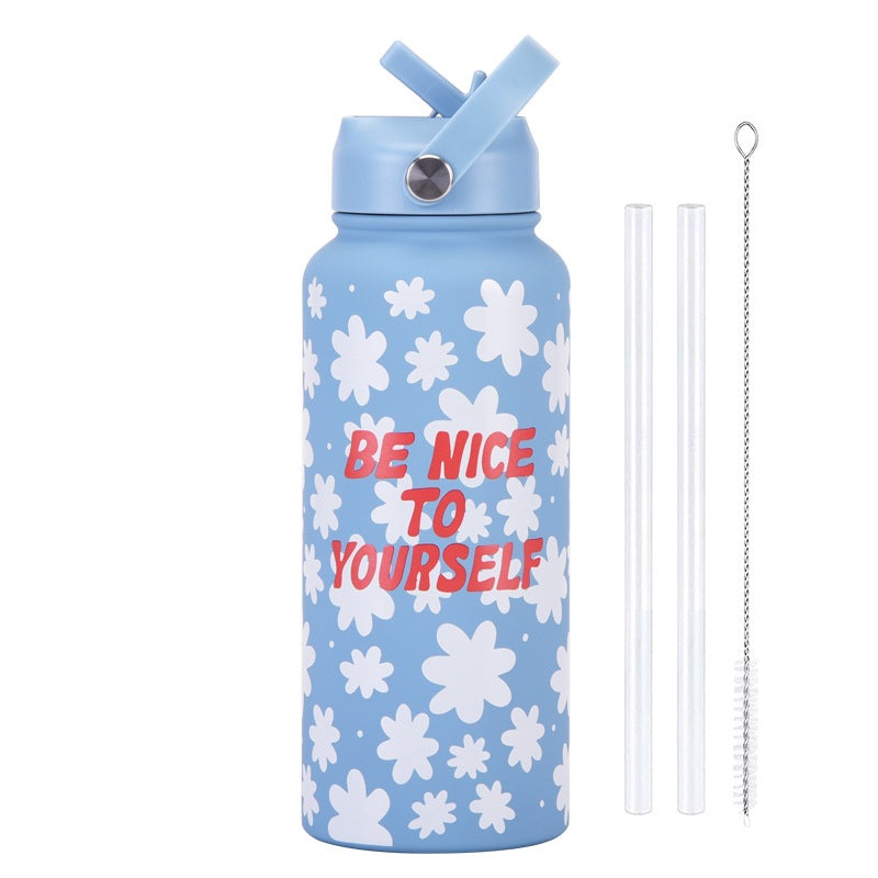 Style 19A Blue and White Plaid Vibrant Fun Print 1L Stainless Steel Insulated Water Bottle – 32oz Large Capacity with Straw Lid & Carry Handle – BPA-Free