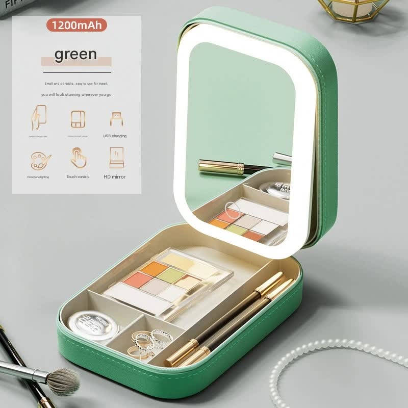 Portable Jewelry & Makeup Organizer Box with LED Touch Mirror – Rechargeable, Adjustable Lighting(green)