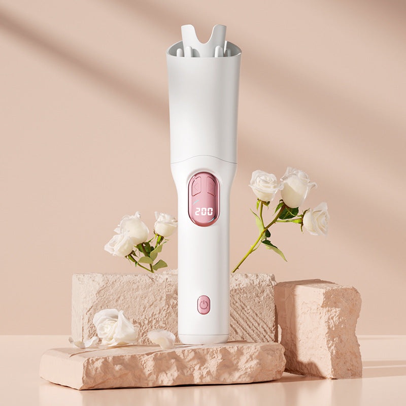 White Portable Cordless Hair Curler – USB-C Rechargeable Automatic Hair Waver with Ceramic Barrel & Anti-Scald Design