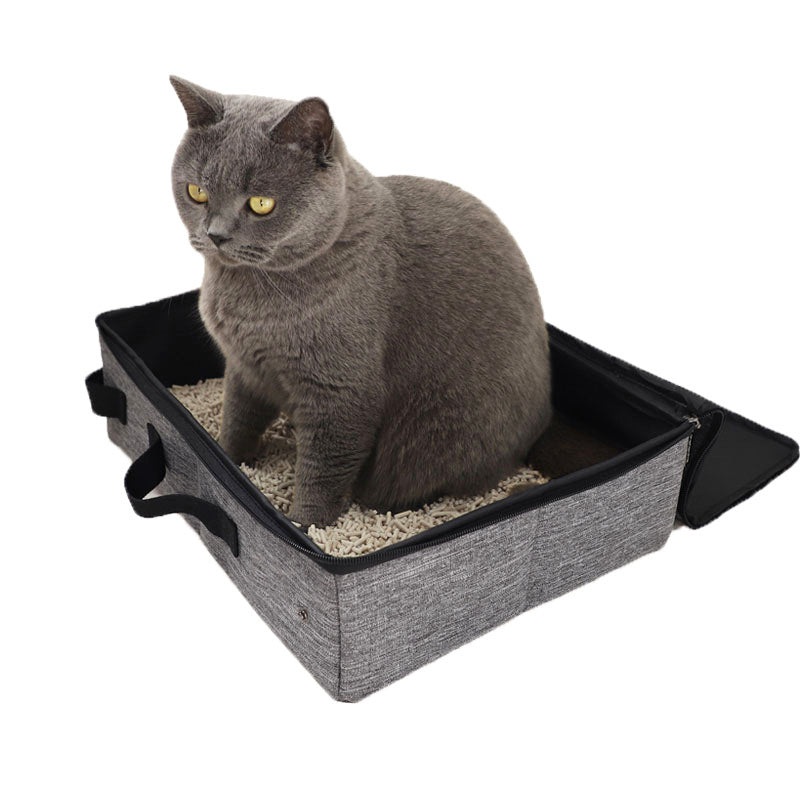 Gray Portable Foldable Cat Litter Box – Waterproof Travel Litter Pan for Cats