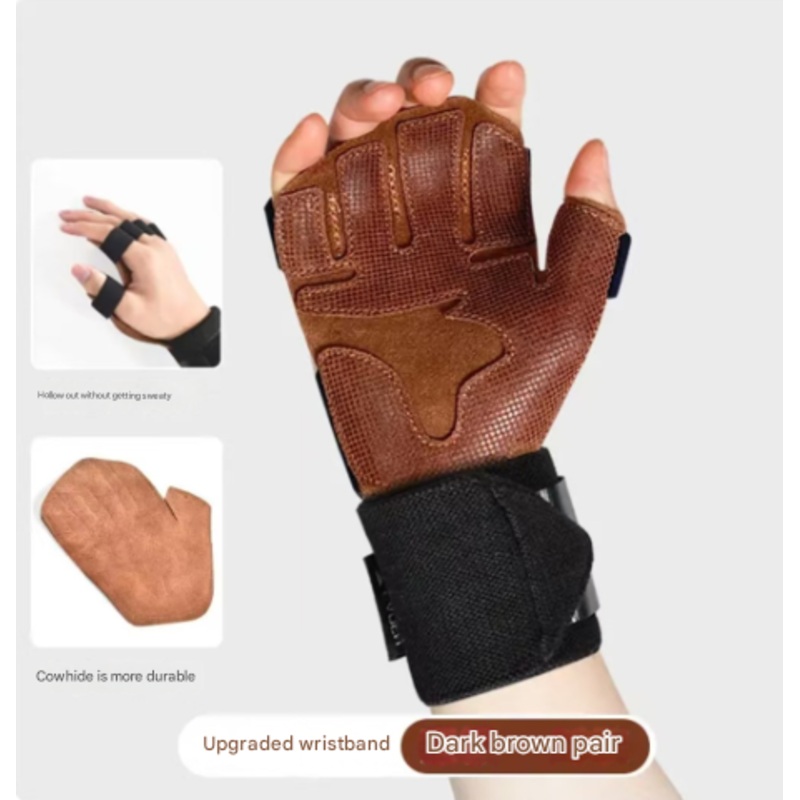 Size S Dark Brown Premium Cowhide Leather Weightlifting Gloves with Wrist Support – Non-Slip Grip, Breathable Fitness Workout Gloves for Gym, WODs, Dumbbells