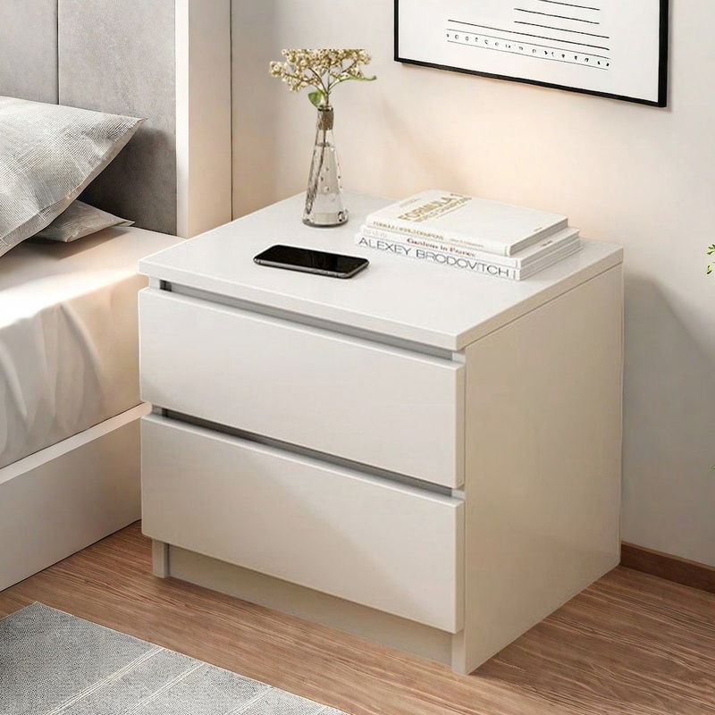 Modern Nightstand Warm White Double Drawer Finger Pull Geometric Clean Lines