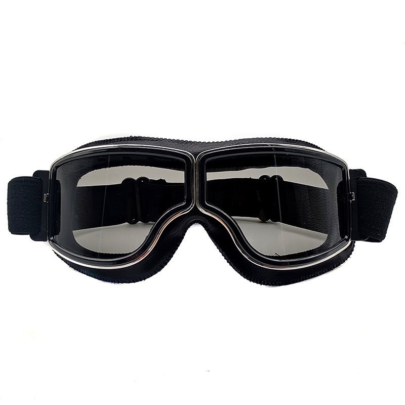 Retro Motorcycle Goggles – Windproof, UV400 Protection, Anti-Impact PC Lenses with Leather Frame(Black leather gray lens)