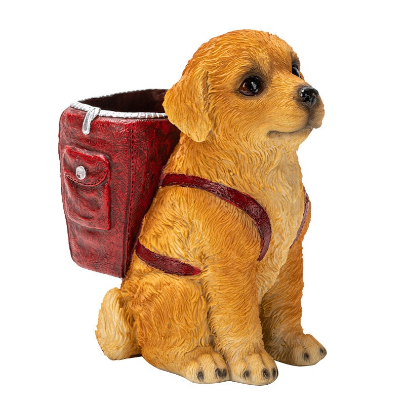 Red Backpack Charming Golden Retriever Puppy Pen Holder – Resin Desktop Organizer & Decorative Figurine