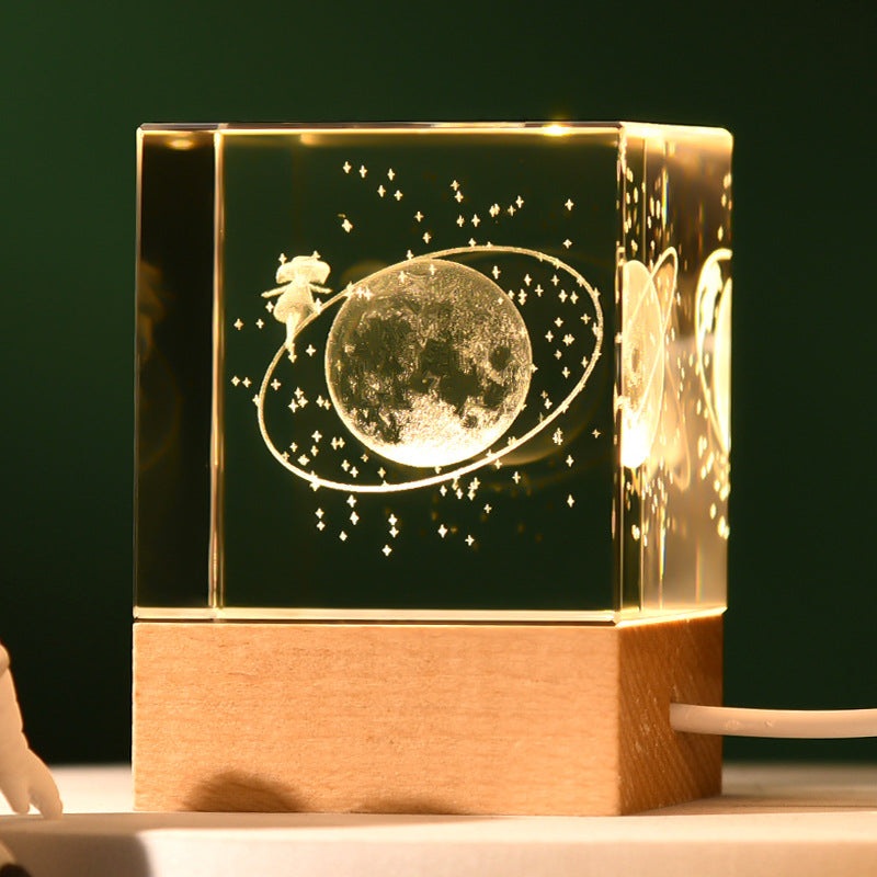 Stroll through the starry sky Luminous 3D Crystal Cube Night Light – Laser Engraved Artwork with Solid Wood Base
