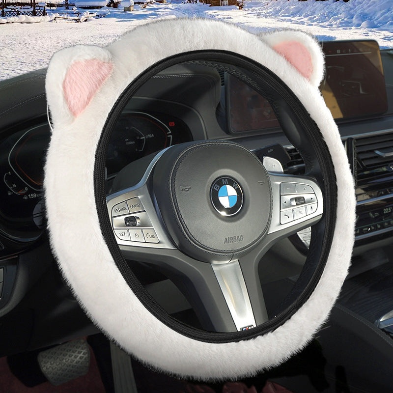 White Plush Cat Ear Steering Wheel Cover – Cute & Fuzzy Winter Grip, Universal 38cm Fit