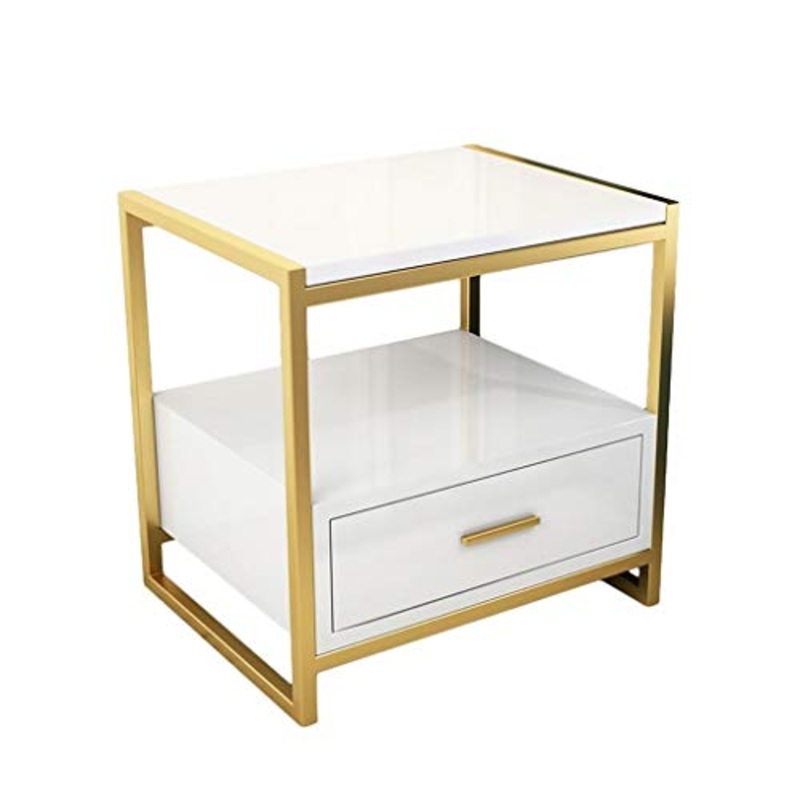 Yyqx comodino moderno comodino con telaio in ferro dorato quadrato in truciolato, mensola multifunzionale comodino per camera da letto con 1 cassetto comodino
