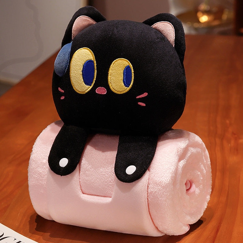 Plush 2-in-1 Pillow Blanket – Adorable Design for Cozy Comfort(Black Cat)