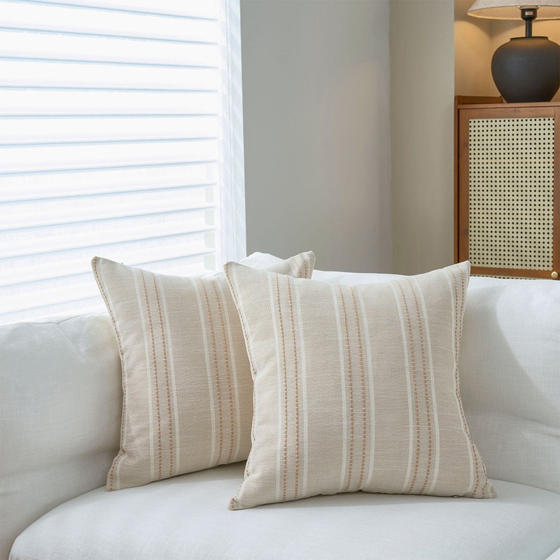 Textured Vertical Striped Pillowcases – Scandinavian Home Decor Accents (Beige Stripes Pair – 45x45cm)
