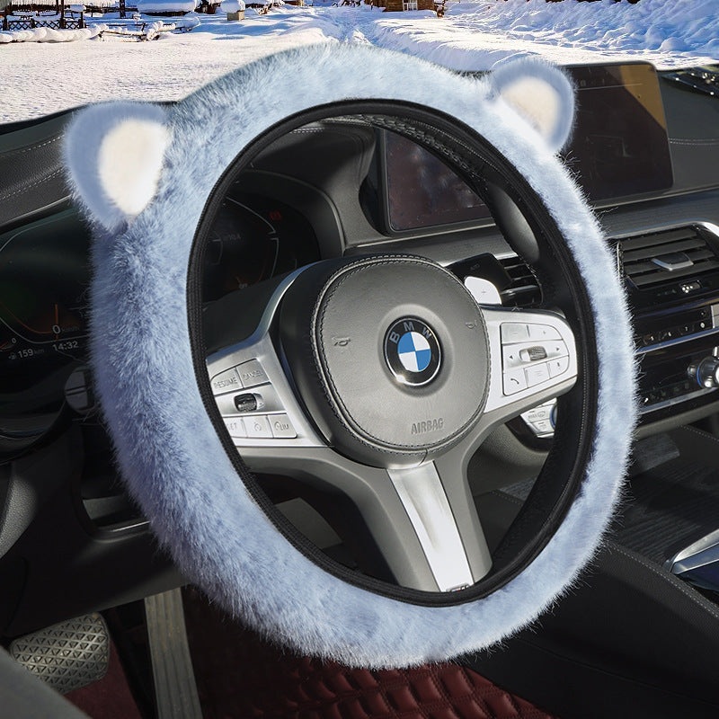 Blue Plush Cat Ear Steering Wheel Cover – Cute & Fuzzy Winter Grip, Universal 38cm Fit