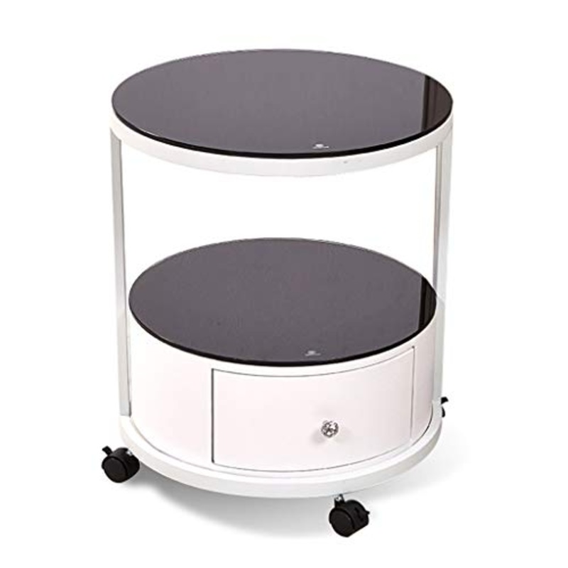 LICHUAN Tavolino moderno rotondo comodino in vetro temperato comodino con 1 cassetto mensola portaoggetti creativo accento tavolino per casa, camera da letto, ufficio, facile da montare